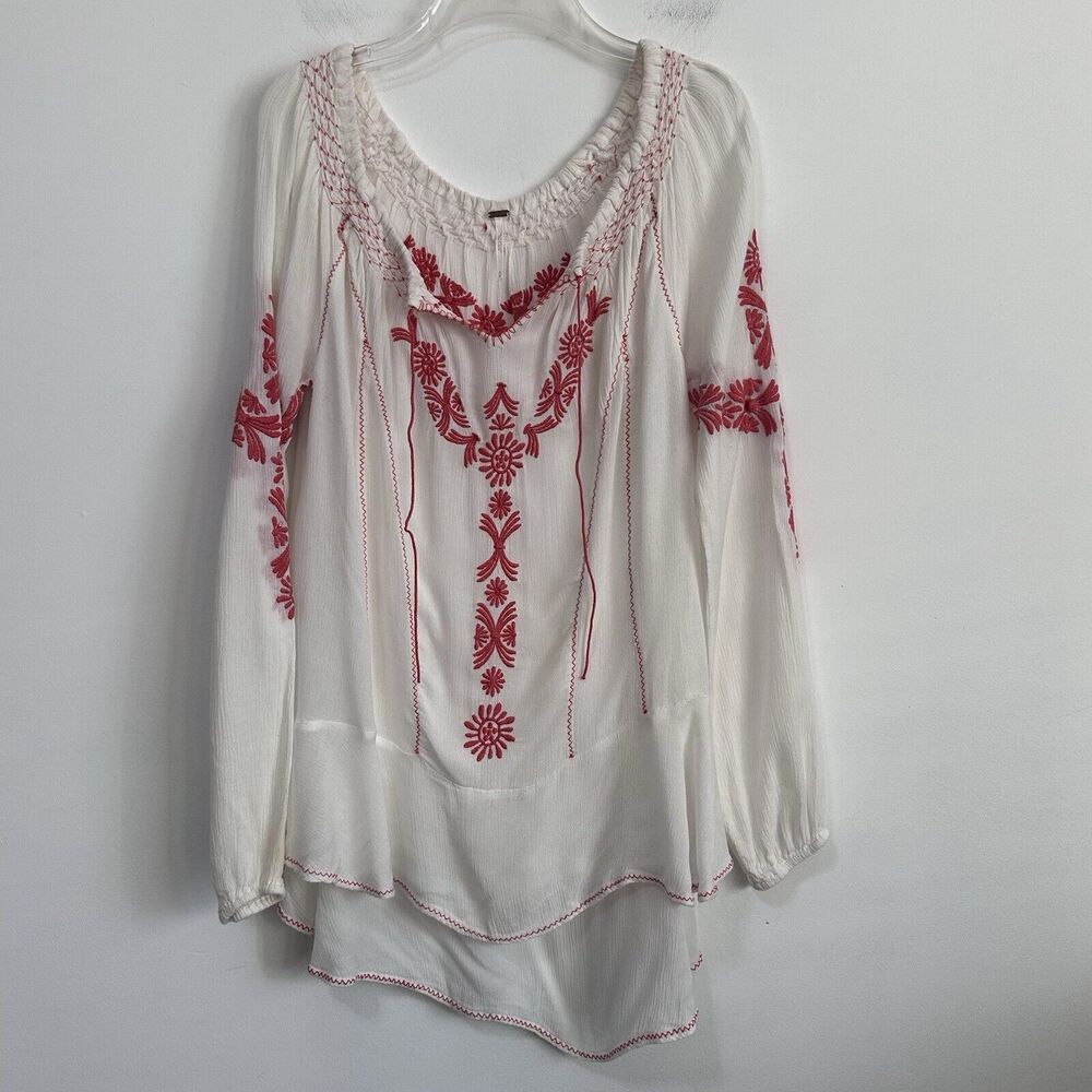 Free People Fondly St Tropez Long Sleeve Tunic Top White Gauze Red Embroidered‎